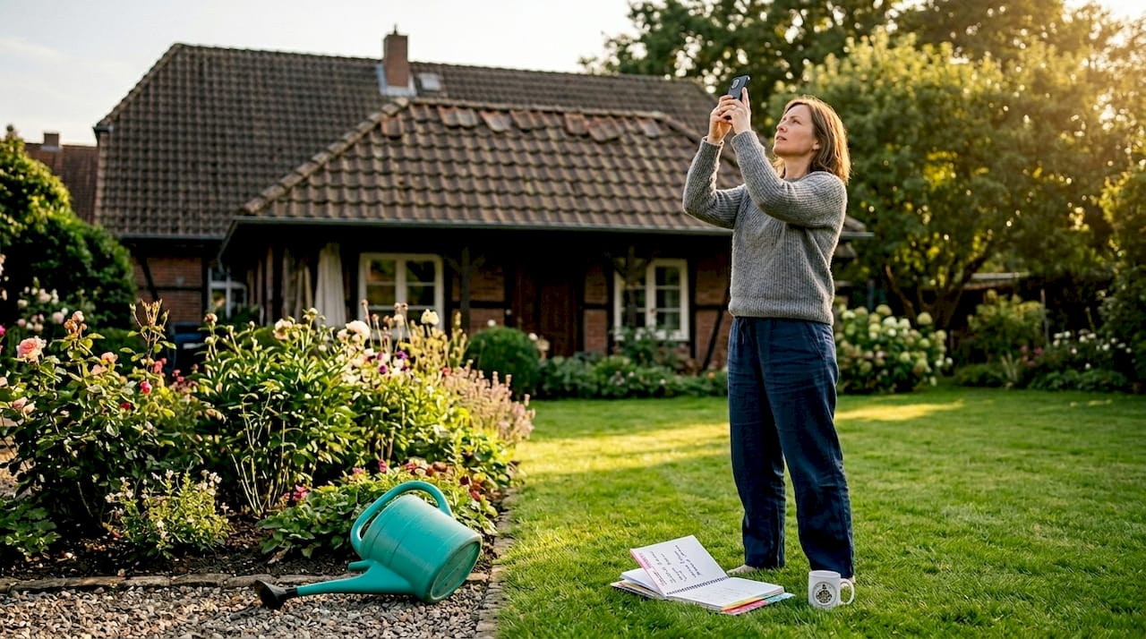 Eine Frau fotografiert vom Boden aus auffällige Ziegel auf dem Dach.