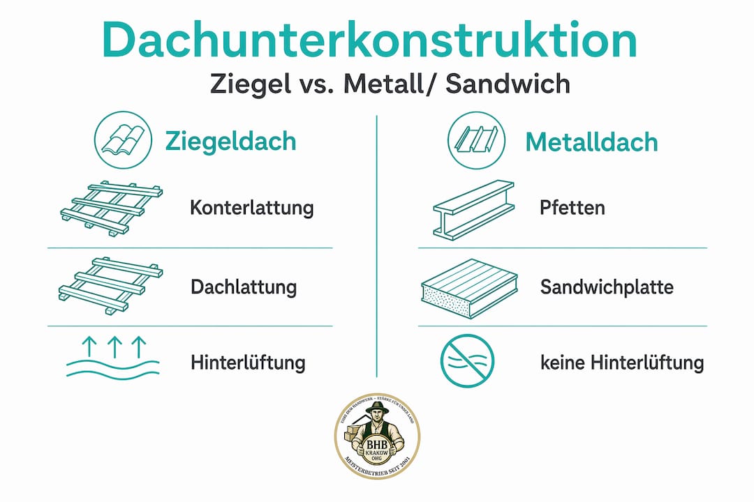Infografik: Ziegeldach vs. Metalldach – Unterkonstruktionen im direkten Vergleich
