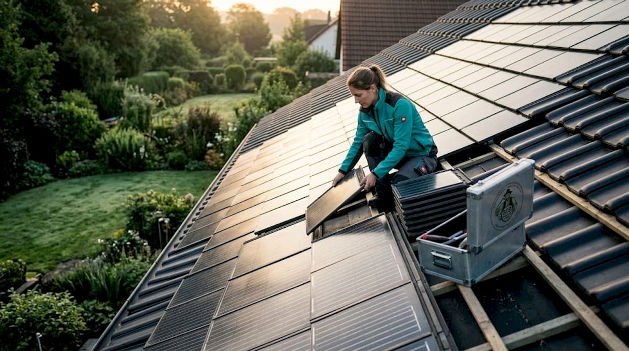 Nach dem Regen nimmt die Dachdeckerin die Arbeit wieder auf und setzt die Solardachziegel aufs Dach.