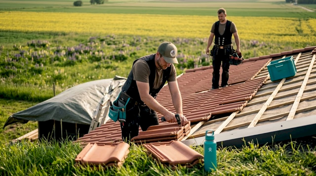 Bei der Dachsanierung bringt der Dachdecker neue Ziegel fachgerecht an.