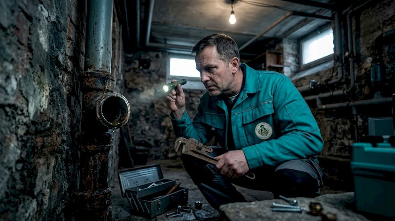 Ein Sanitärfachmann kontrolliert das Abwasserrohr im Keller.