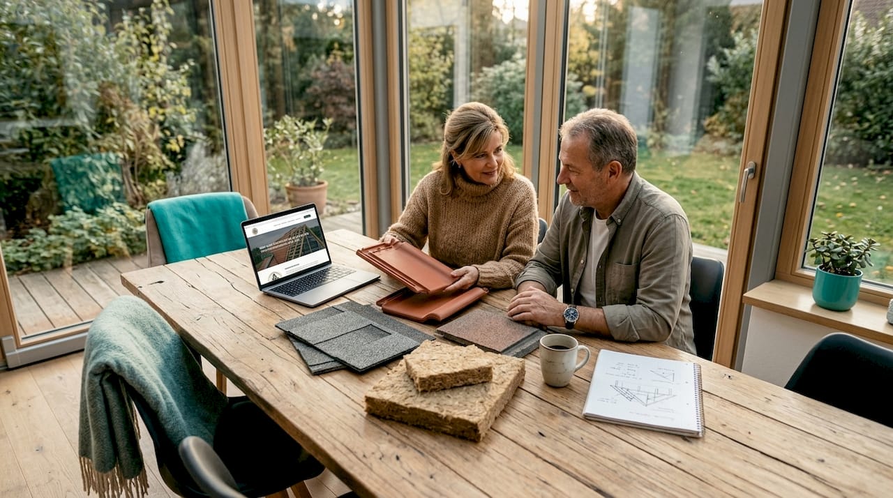 Hausbesitzer sitzen gemeinsam am Tisch und besprechen, welche Dachmaterialien für ihr Haus am besten geeignet sind.