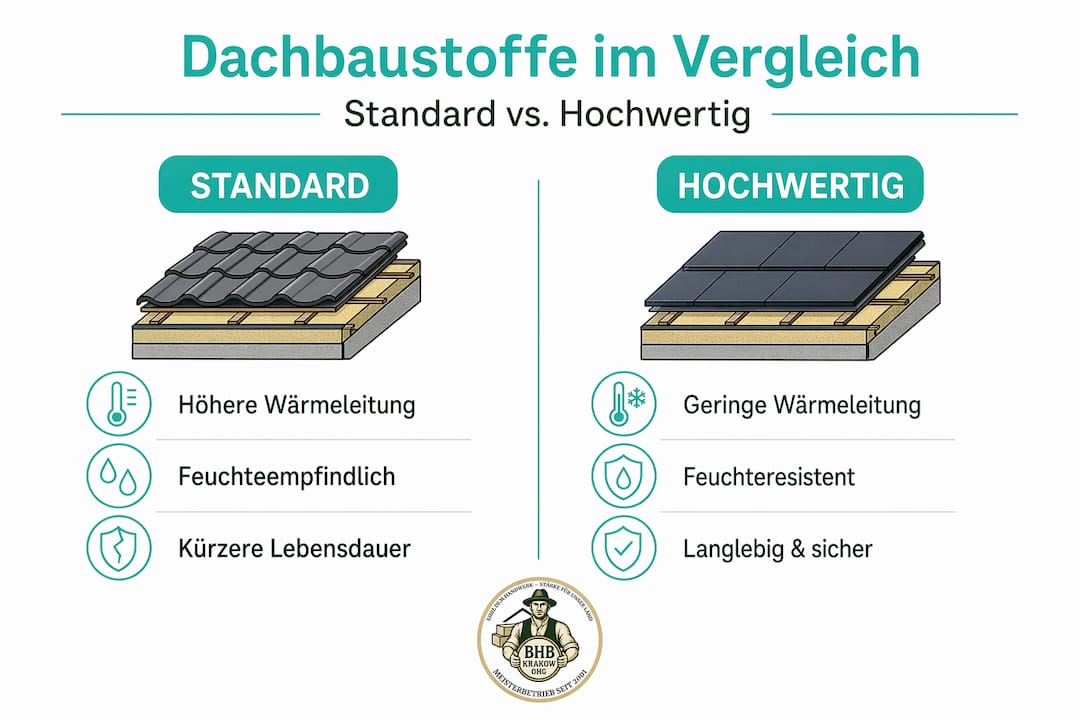Infografik: Standard-Dachmaterialien im Vergleich zu Premium-Qualität