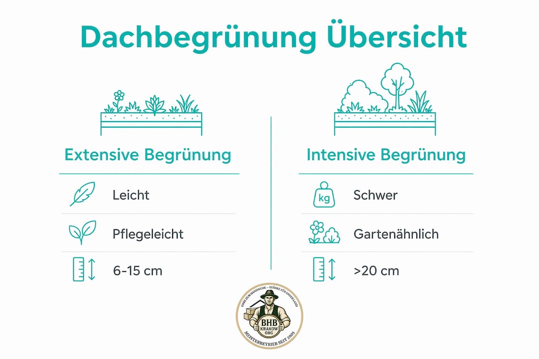 Infografik: Unterschiede zwischen extensiver und intensiver Dachbegrünung auf einen Blick