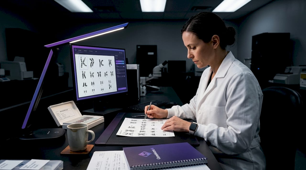 Technician analyzing chromosome karyotype