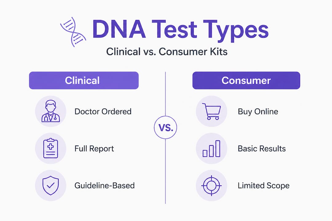 Infographic comparing clinical and consumer DNA test types