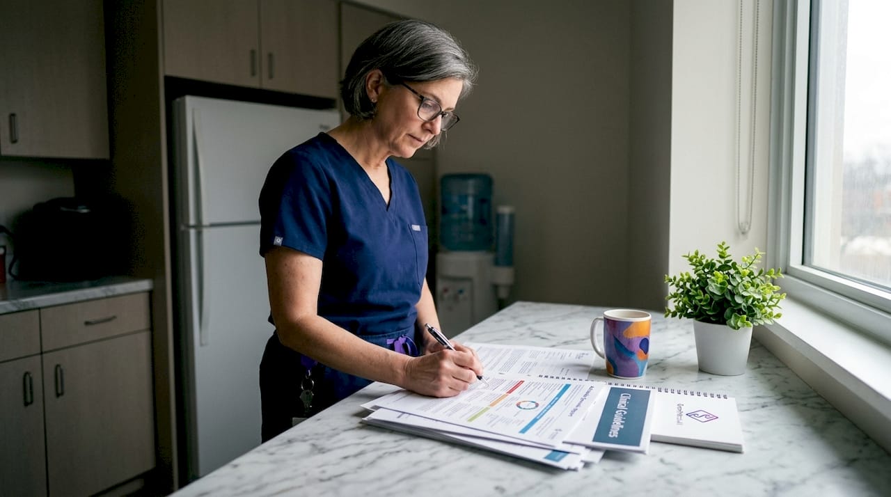 Oncologist analyzing actionable genomic report in clinic