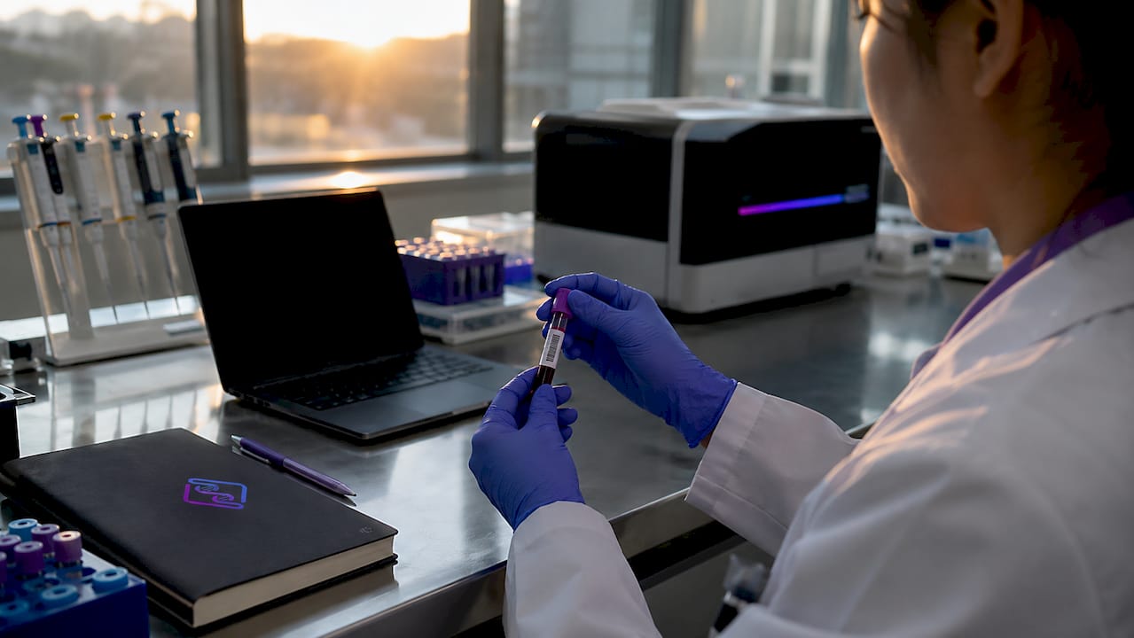 Lab technician handling genomic sample in clinical lab