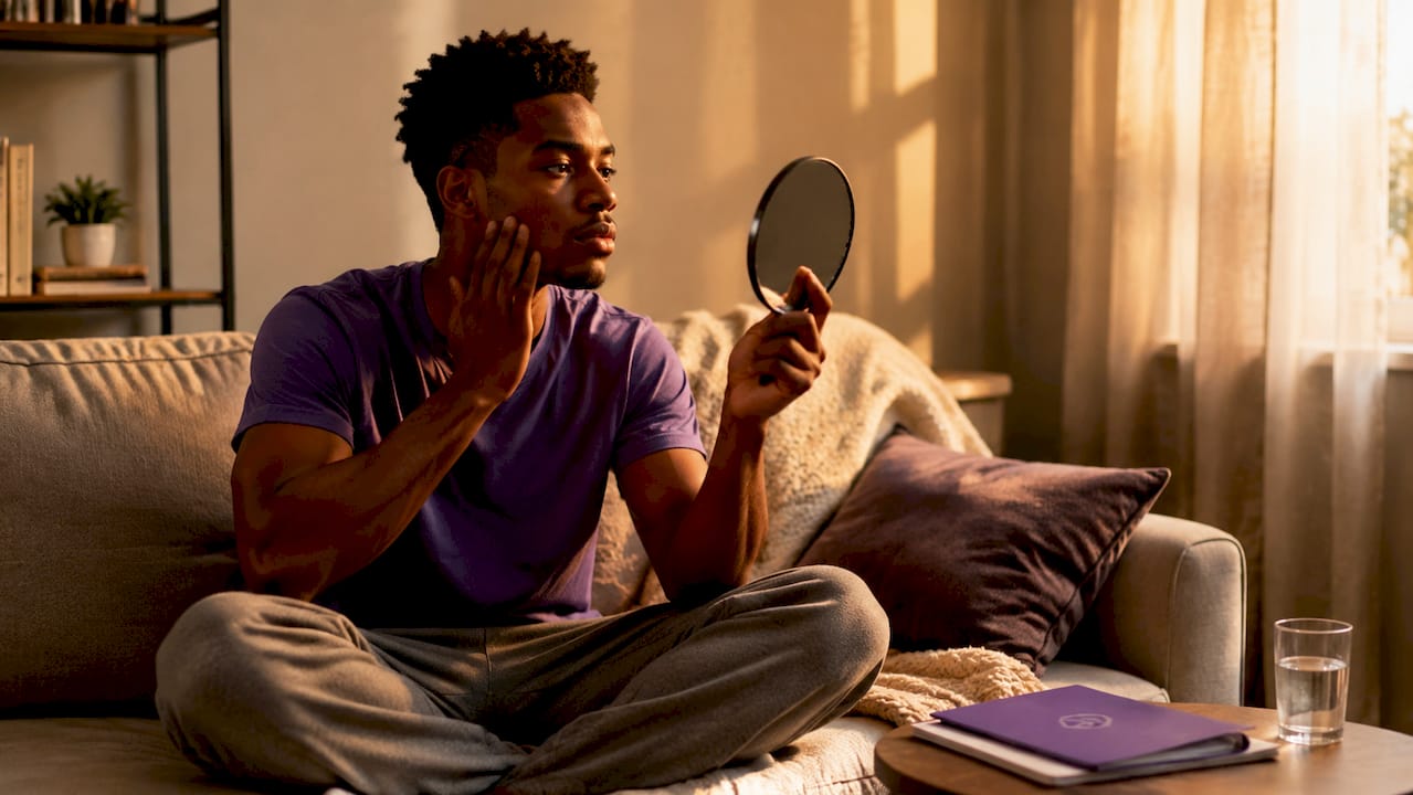 Man examining personal symptoms in clinic