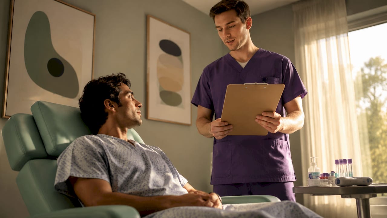 Nurse reviewing wellness blood panel with patient in clinic