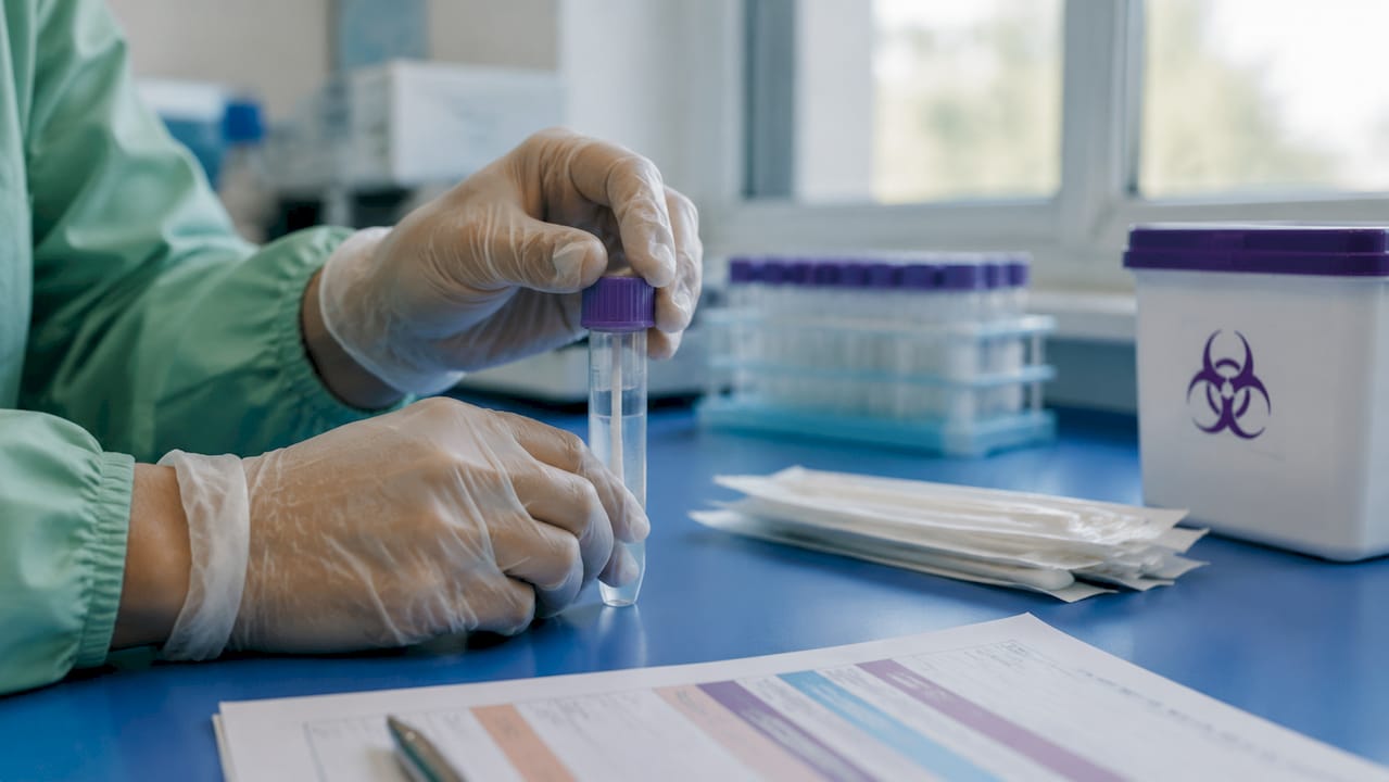 Gloved hands holding saliva collection tube