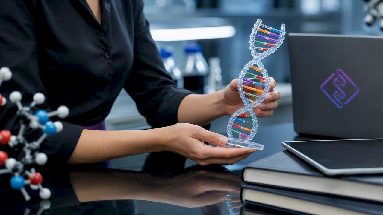 Hands holding DNA model with variant markers