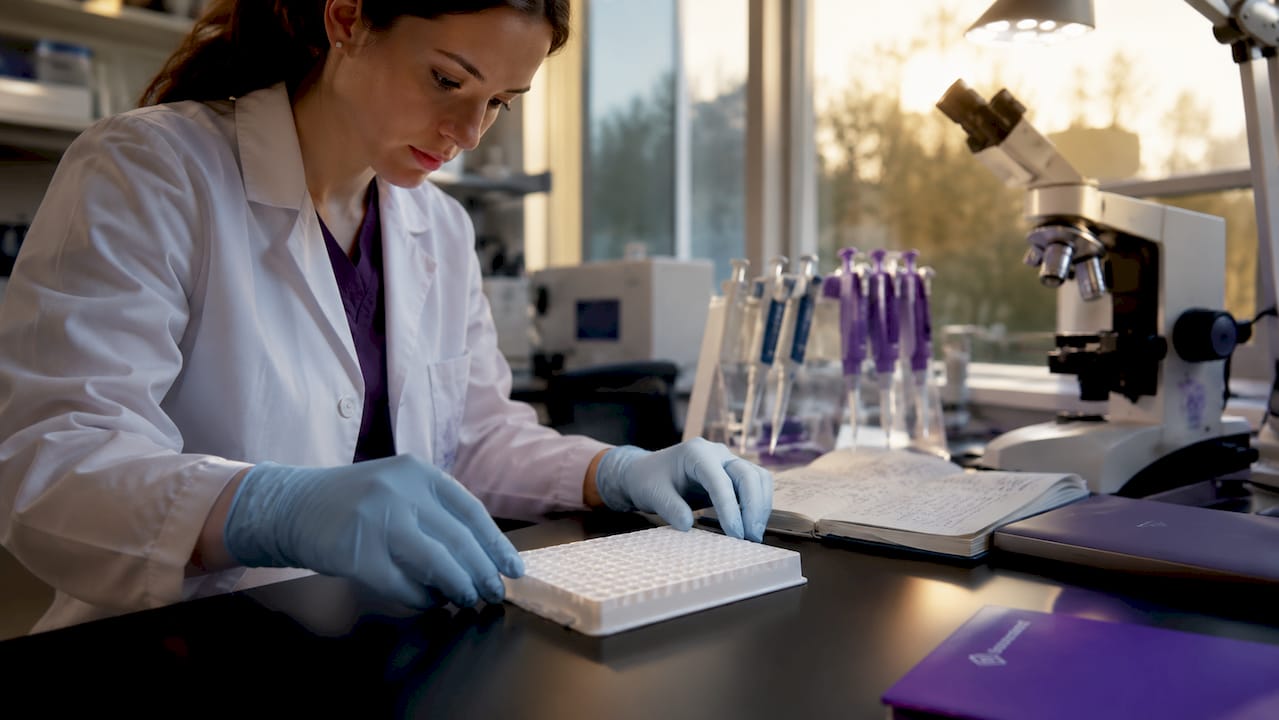Scientist handling DNA sample plate in genetic research lab