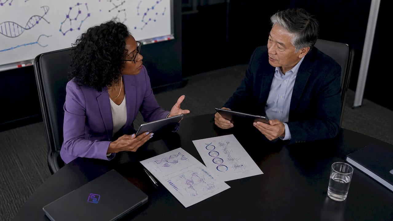 Two scientists discussing gene mutation data