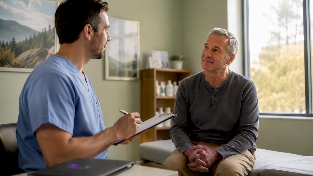 Nurse discussing colorectal screening with patient in exam room