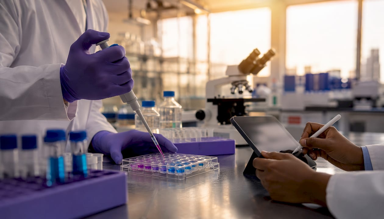 Hands working with samples and notes in lab