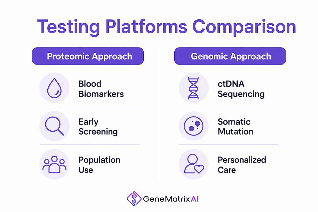 Infographic comparing proteomic and genomic testing methods