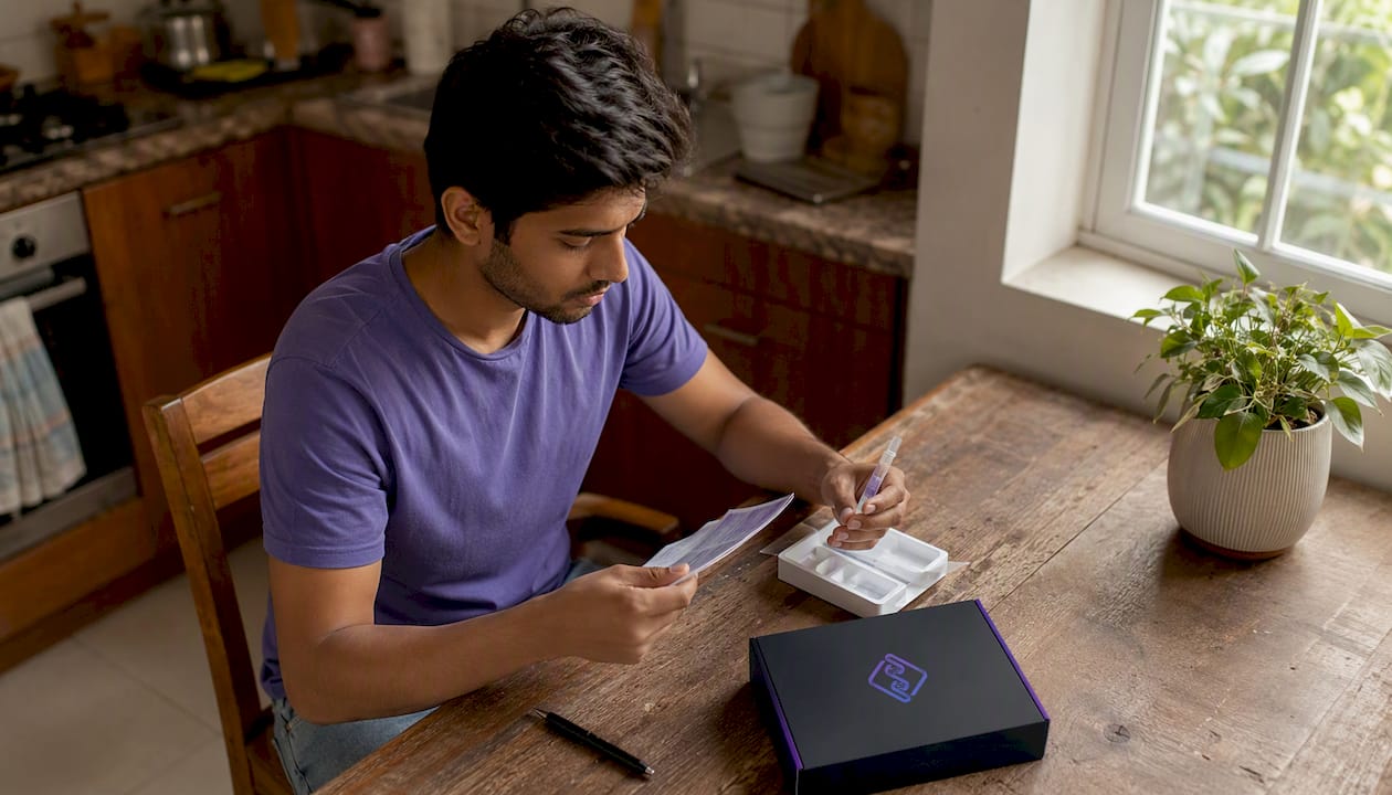 Man preparing at-home saliva genetic test kit
