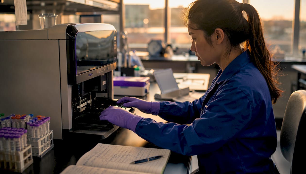 Lab technician adjusting DNA sequencing machine