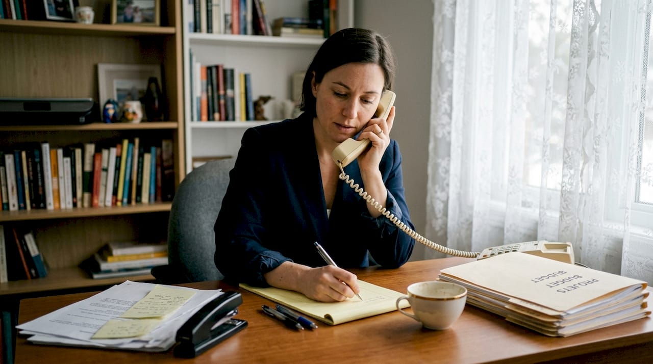 Une femme d’affaires mène une mission de conseil depuis son bureau à domicile, analysant des dossiers pour une enquête.