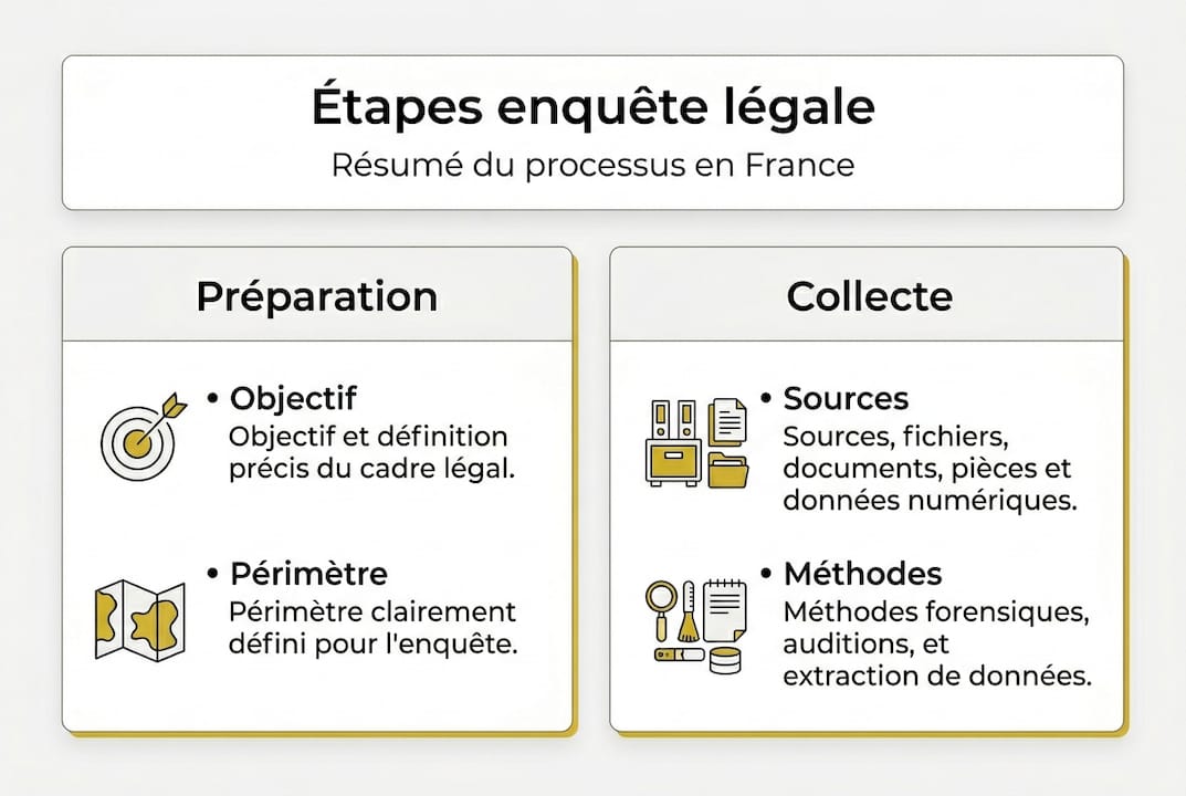 Visuel épuré présentant les différentes étapes d’une procédure d’enquête judiciaire