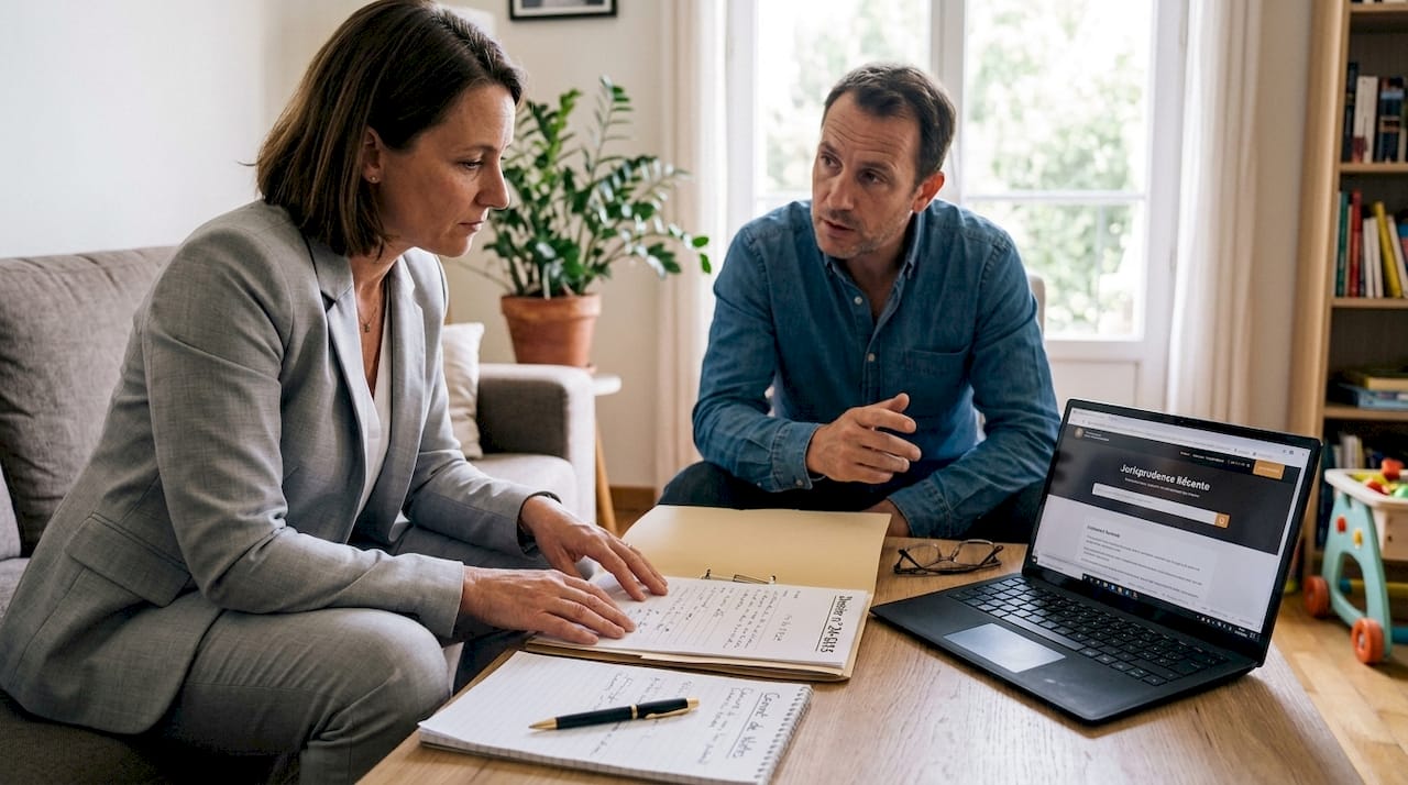 La juriste et l’enquêteur échangent sur les détails de l’affaire sous la surveillance de la police.