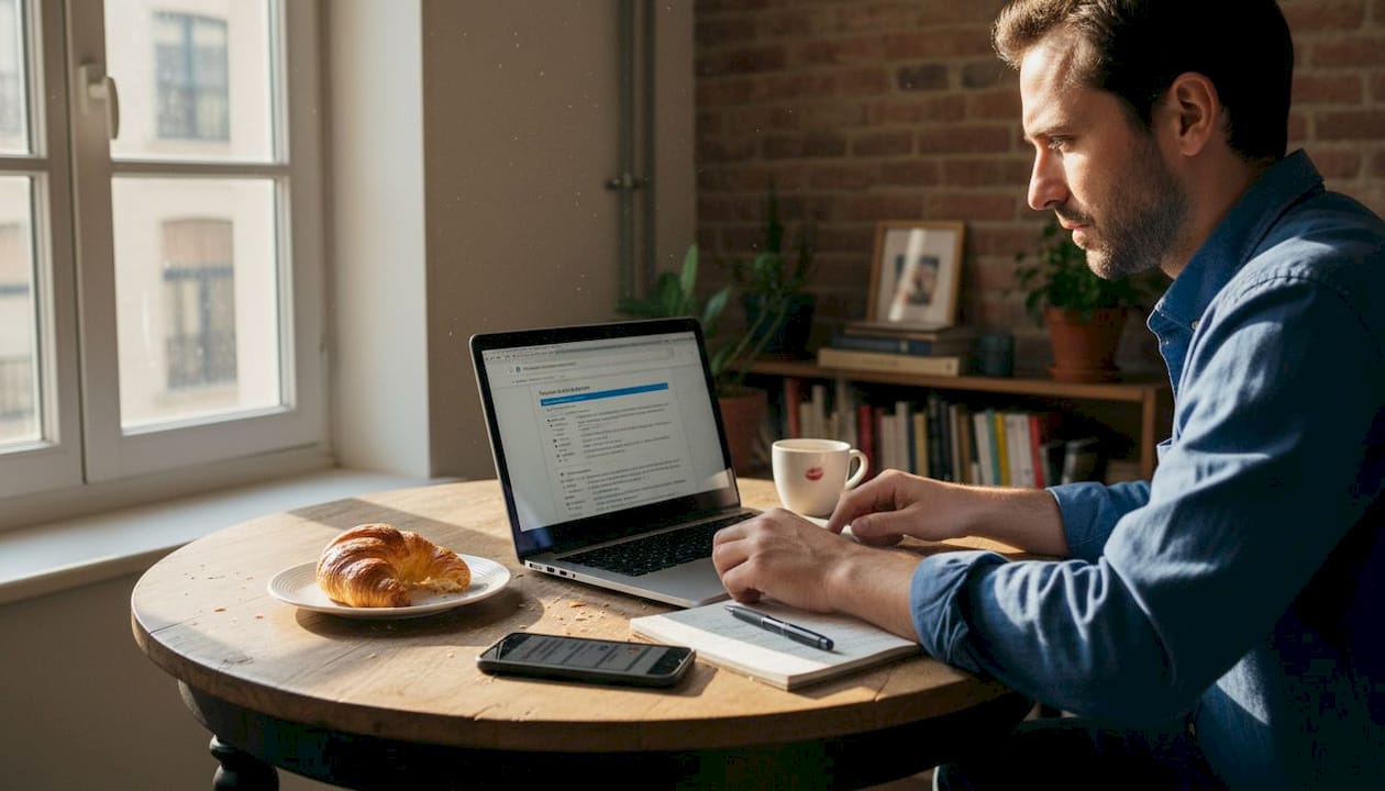 Une personne installée à la table de la cuisine fait des recherches sur son ordinateur portable.