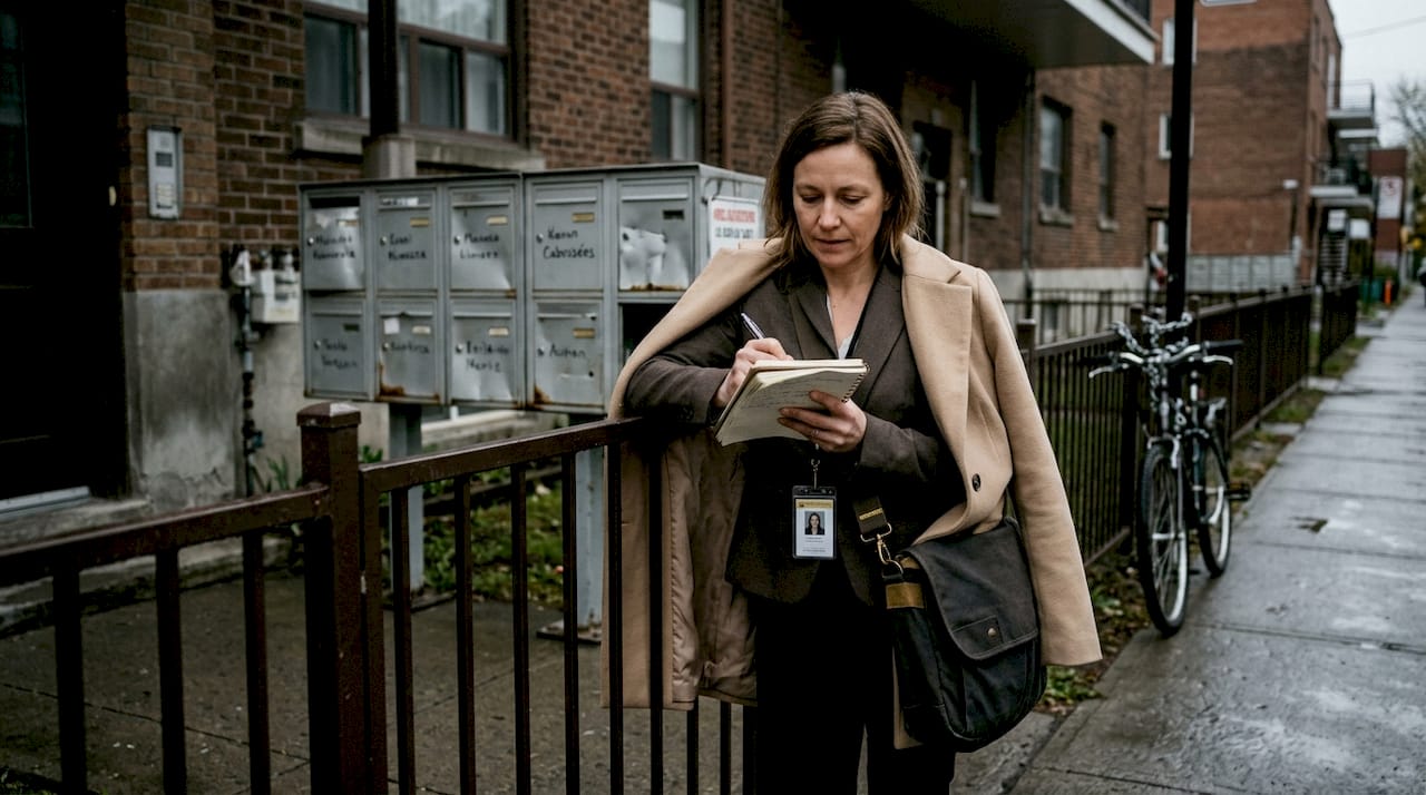 Une femme qui mène sa petite enquête dans le quartier, sans attirer l’attention.