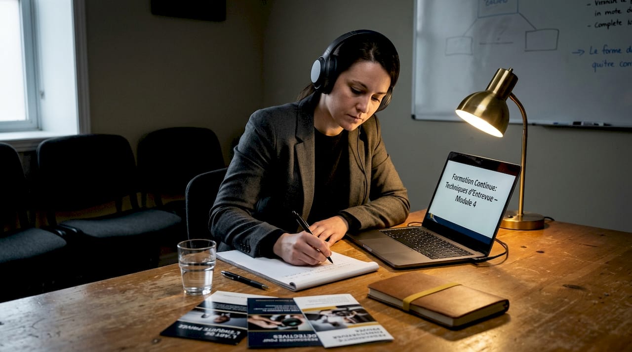 Un détective profite de son temps au bureau pour suivre une formation en ligne.