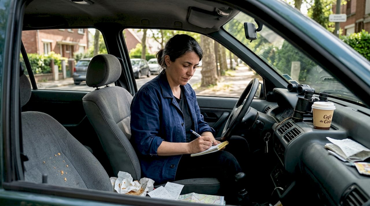 Un détective en planque, observant discrètement depuis sa voiture.