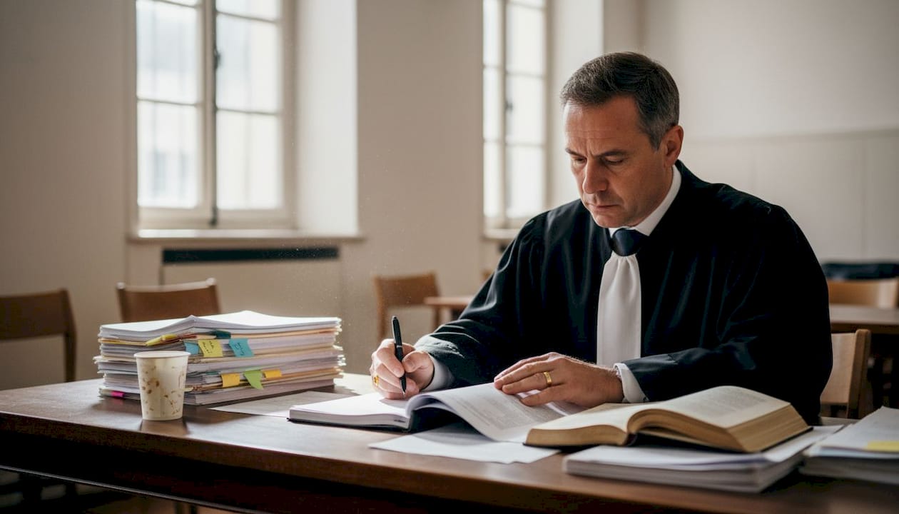 Le juge examine les dossiers judiciaires lors des audiences au tribunal.