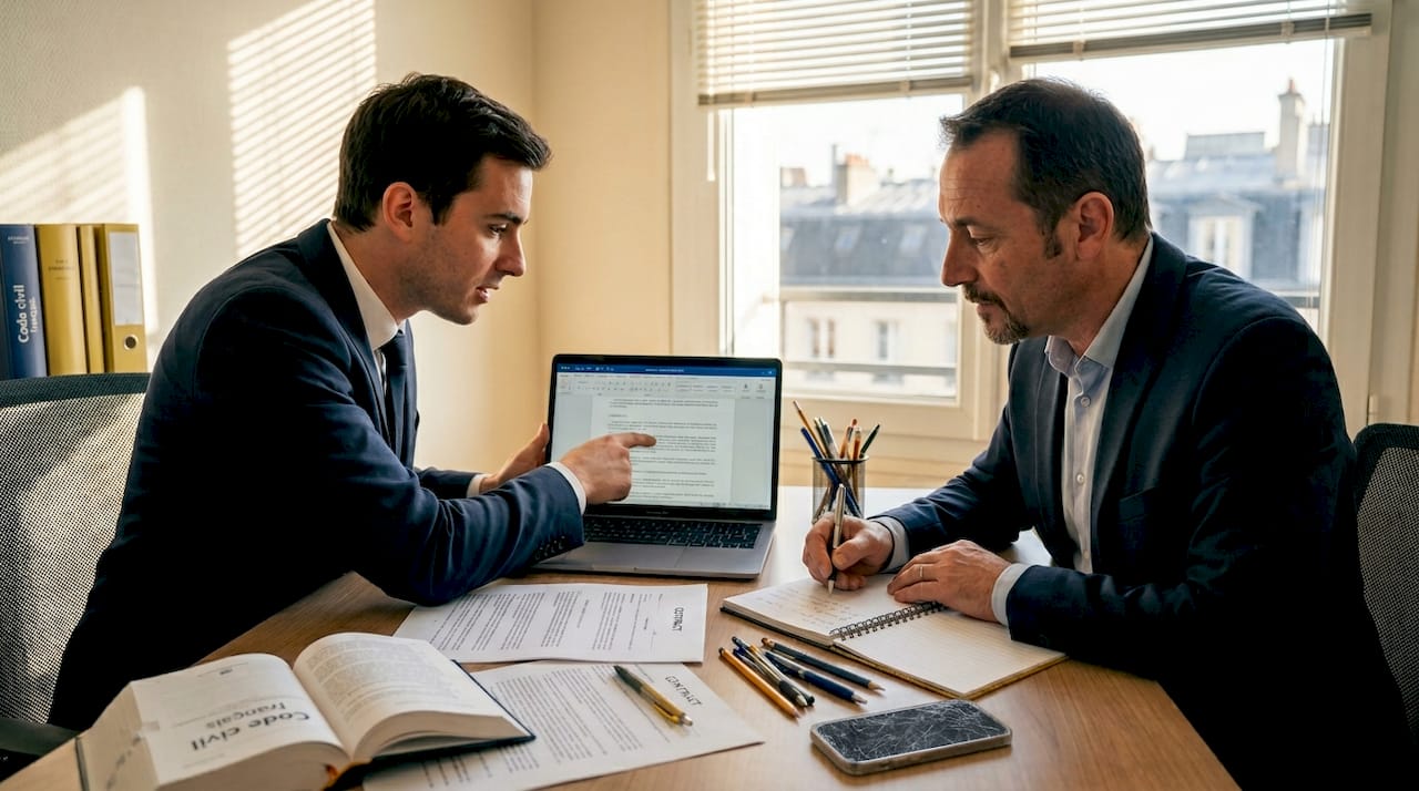 Un détective et un avocat en pleine relecture d’un contrat, échangeant leurs points de vue pour s'assurer que tout est en ordre.