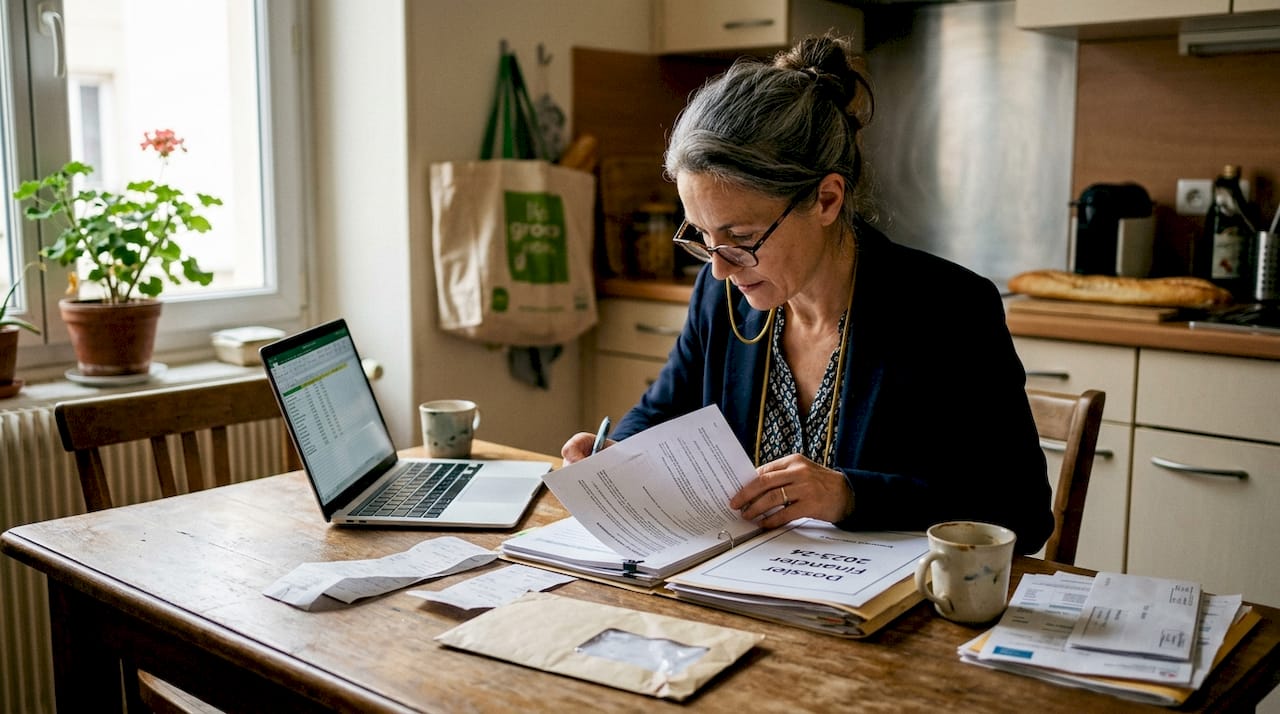 Une femme d’affaires passe en revue ses comptes chez elle, concentrée sur l’analyse de ses documents financiers.