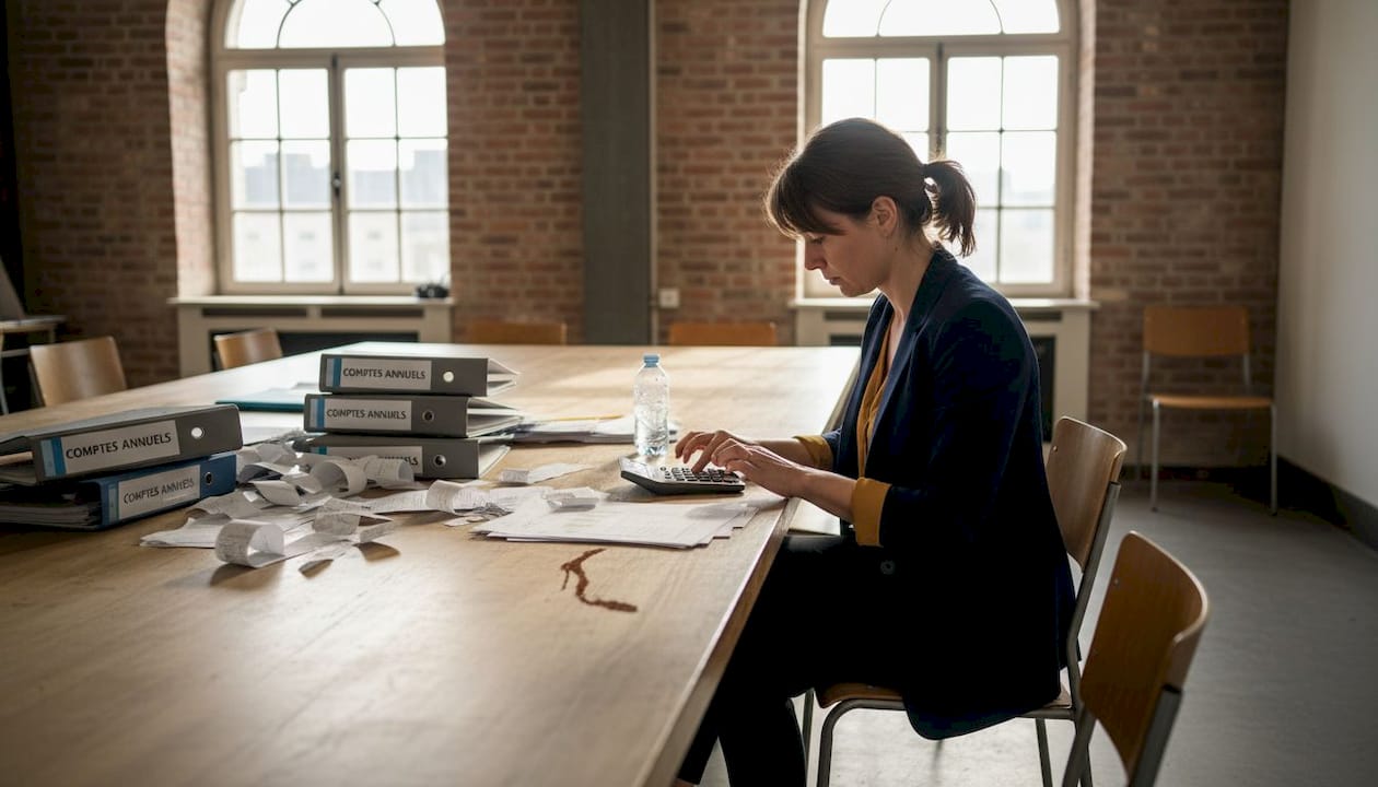 Une femme d’affaires en pleine analyse de ses comptes, entourée de dossiers et de classeurs.