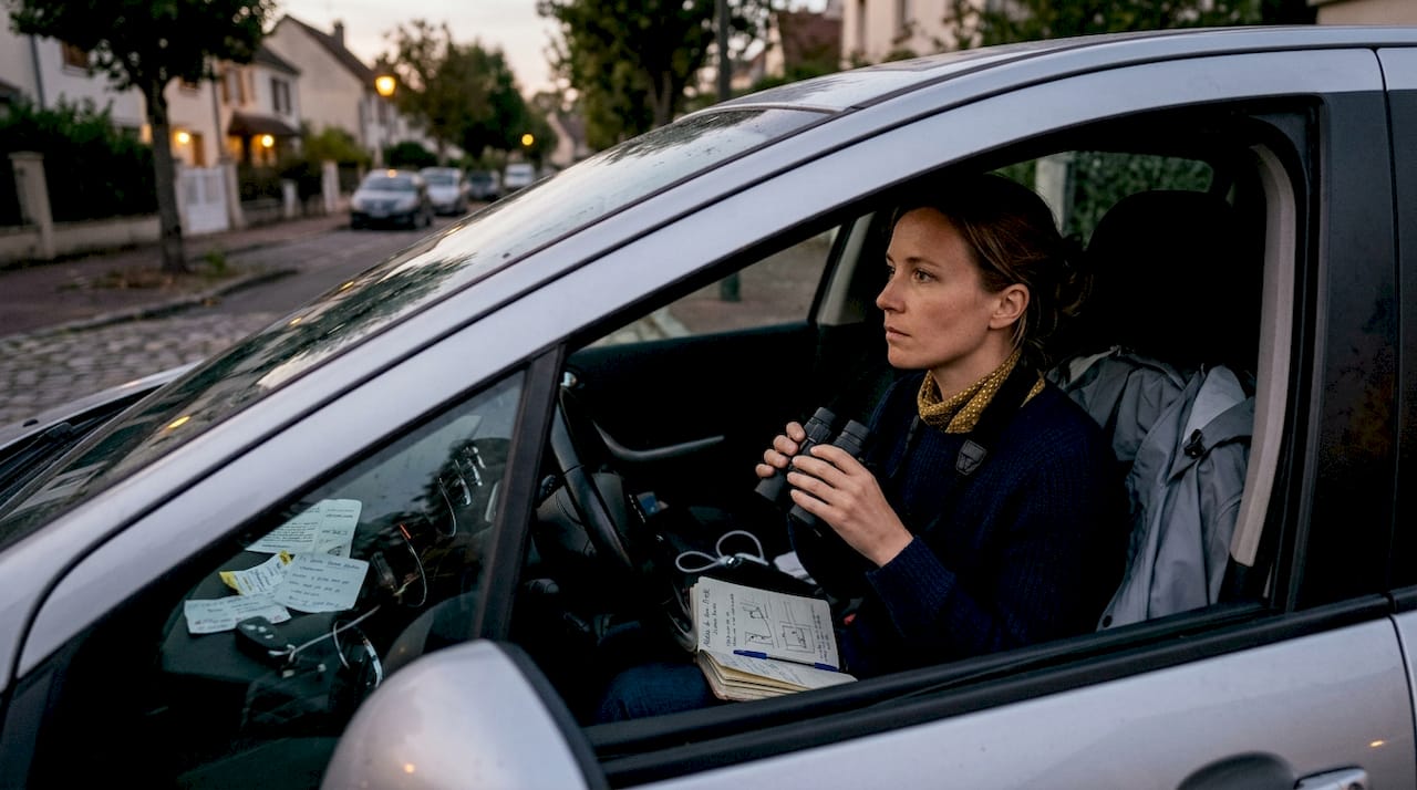 Un détective en planque observe discrètement les environs à travers ses jumelles, installé dans sa voiture.