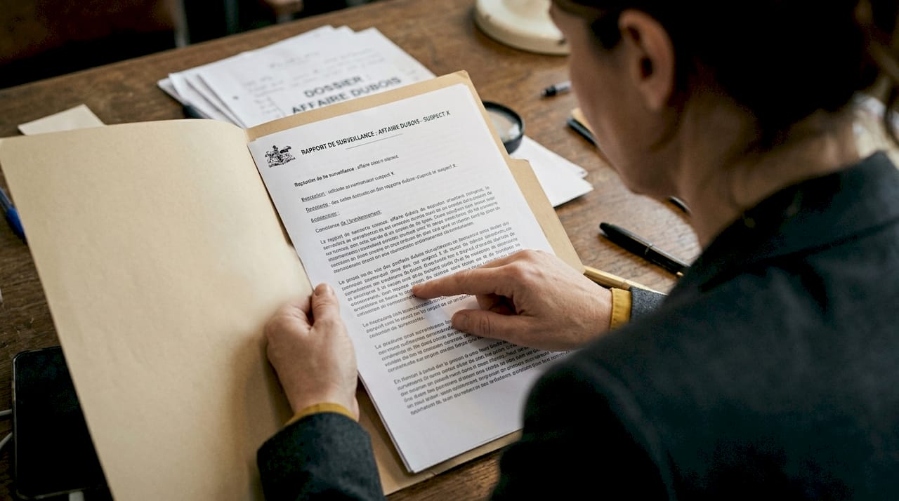 Un détective passe en revue les pièces à conviction étalées sur son bureau, scrutant chaque détail à la recherche d’indices.