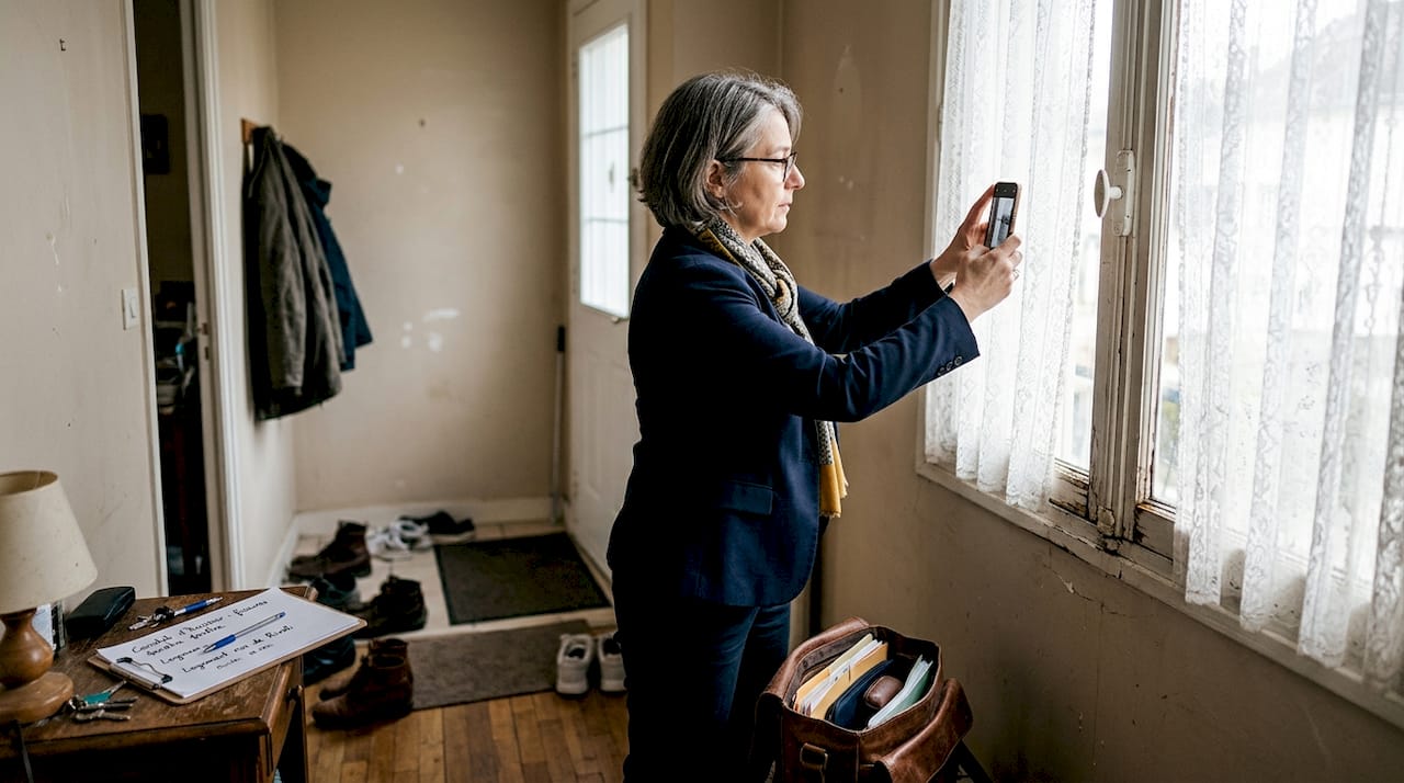 Un huissier procède au constat des lieux en prenant des photos avec son smartphone.