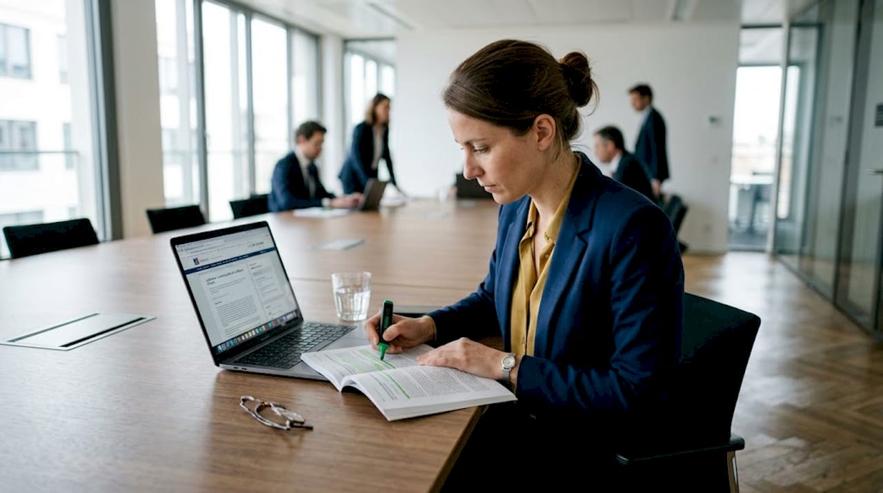 Expert juridique en train d'examiner un dossier de preuves