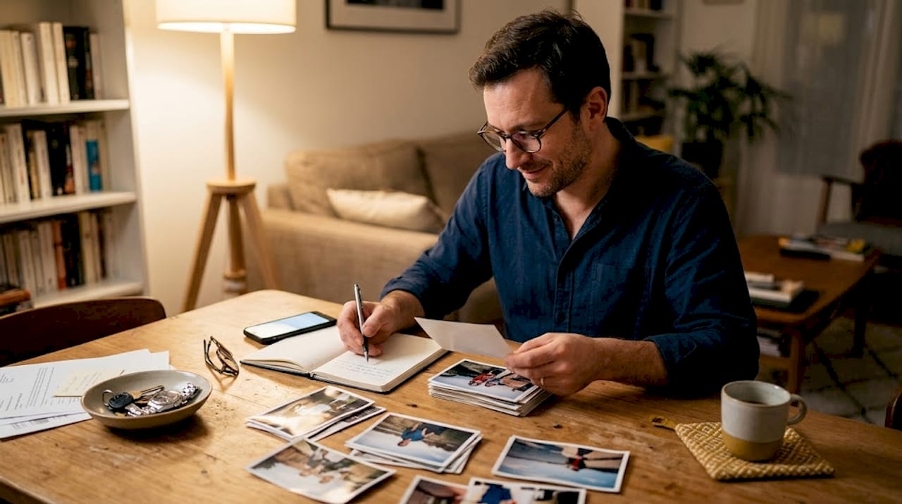 Un homme réunit ses photos et ses notes dans le salon.