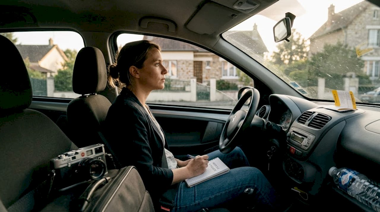 Assise derrière le volant, une détective privée observe discrètement sa cible, guettant le moindre mouvement depuis sa voiture.