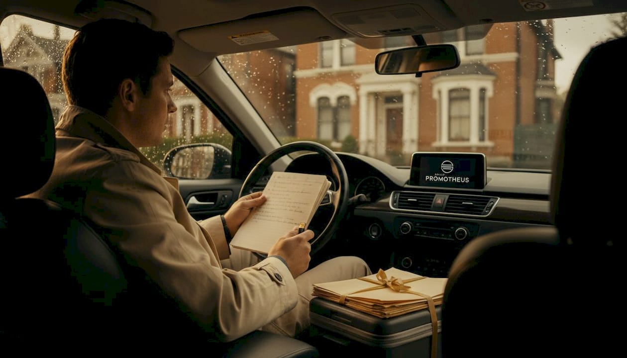 Un détective privé est en planque dans sa voiture, surveillant discrètement une maison.