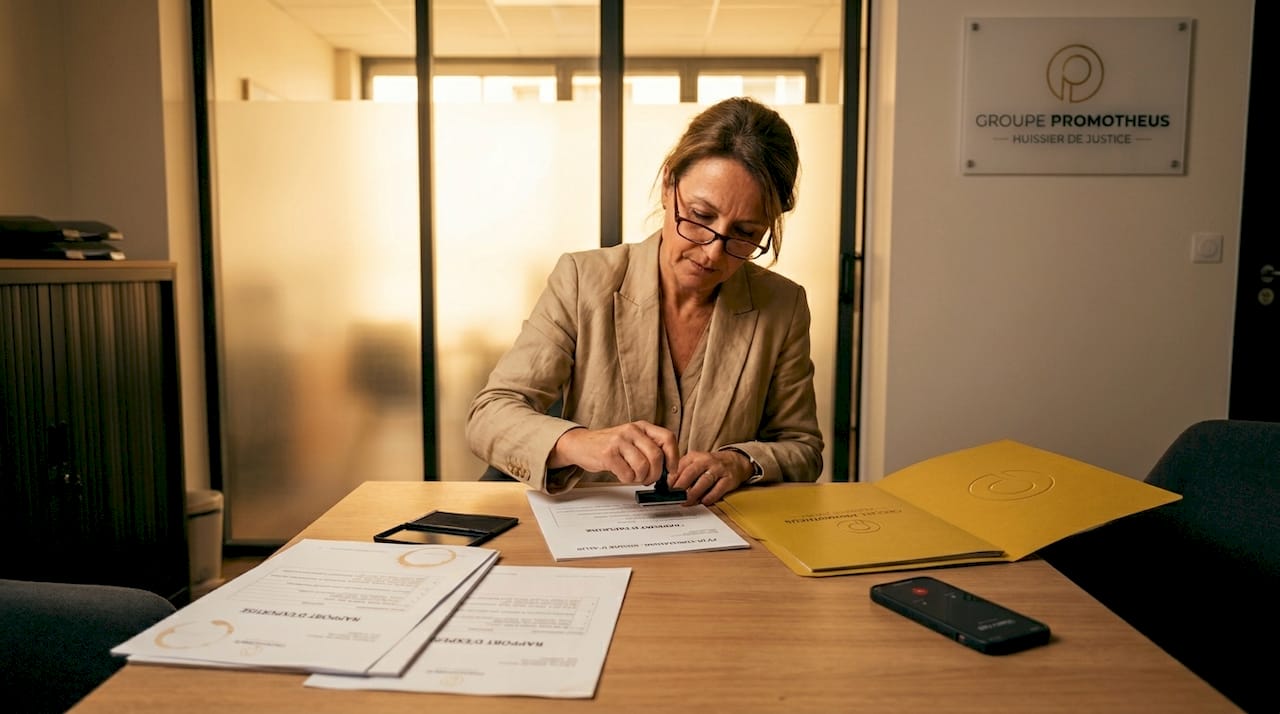 Huissier apposant son cachet sur un procès-verbal de constat