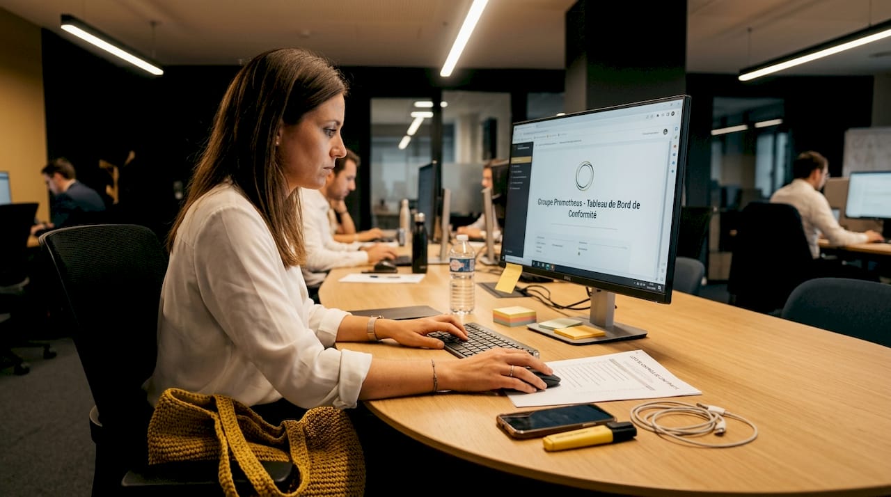 Installé à son bureau, le responsable conformité élabore la stratégie de surveillance à mettre en place.