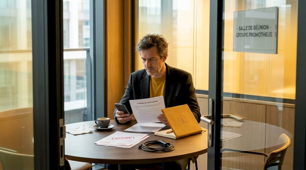 Le dirigeant d’entreprise passe en revue les contrats et relit les notes prises lors de la dernière réunion.