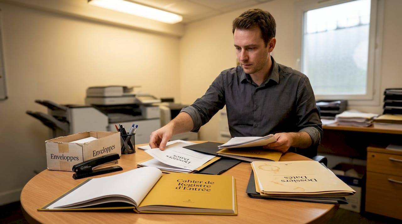Un employé de bureau en train de trier des documents dans la salle de reprographie.