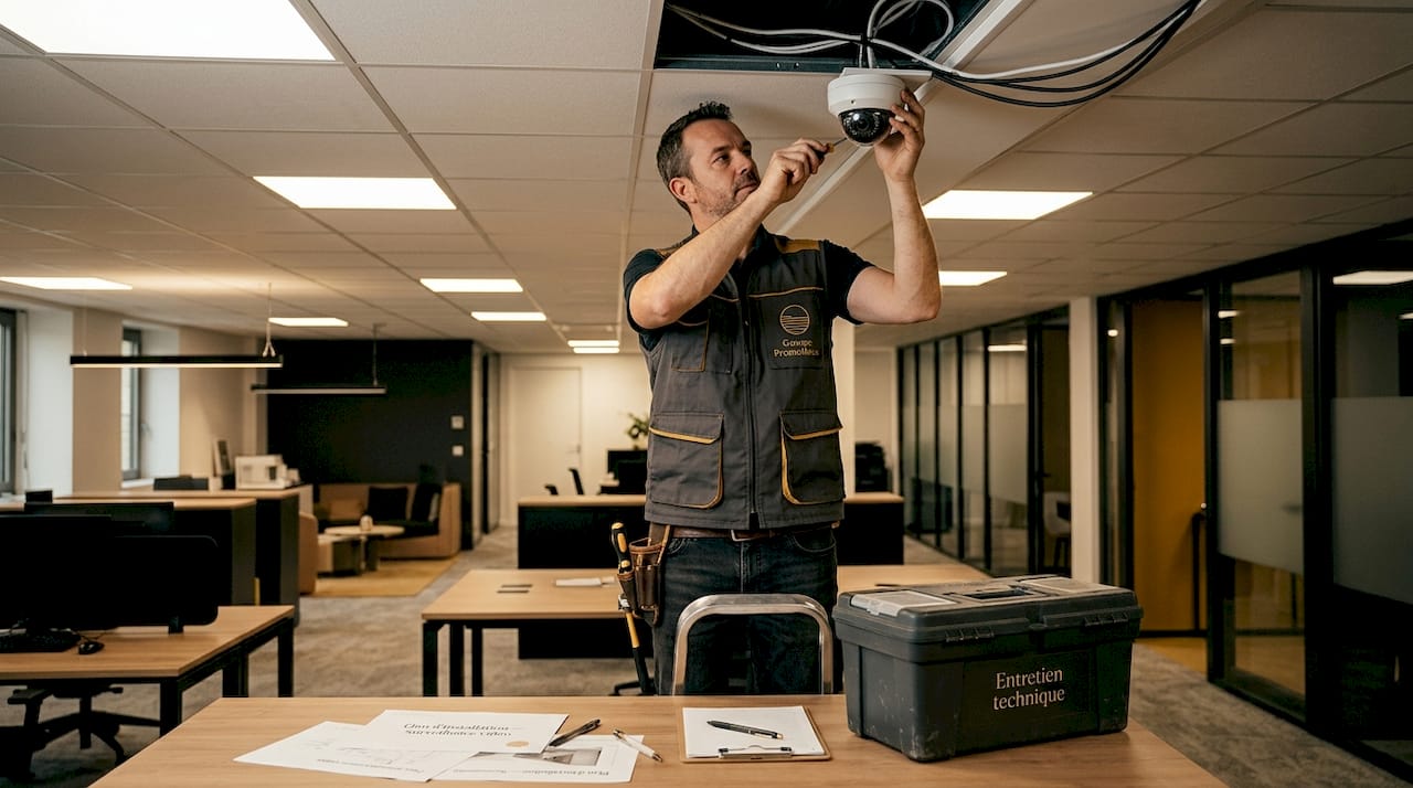 Un technicien procède à l'installation d'une caméra de vidéosurveillance.