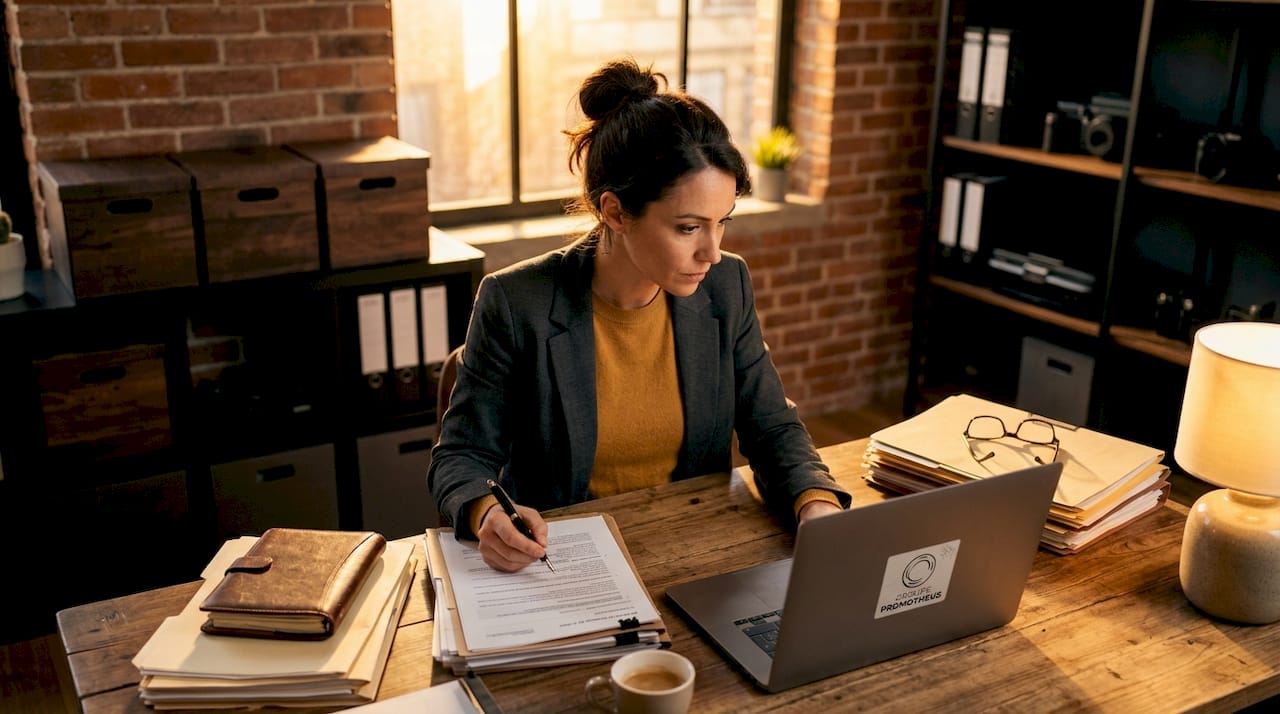 Une détective privée en pleine organisation de ses dossiers, installée à son bureau.
