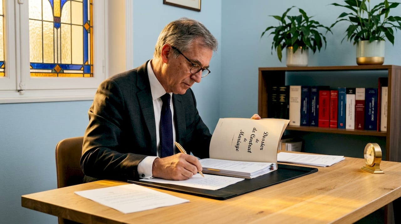 Le notaire procède à l’examen des pièces relatives au patrimoine des futurs époux avant le mariage.