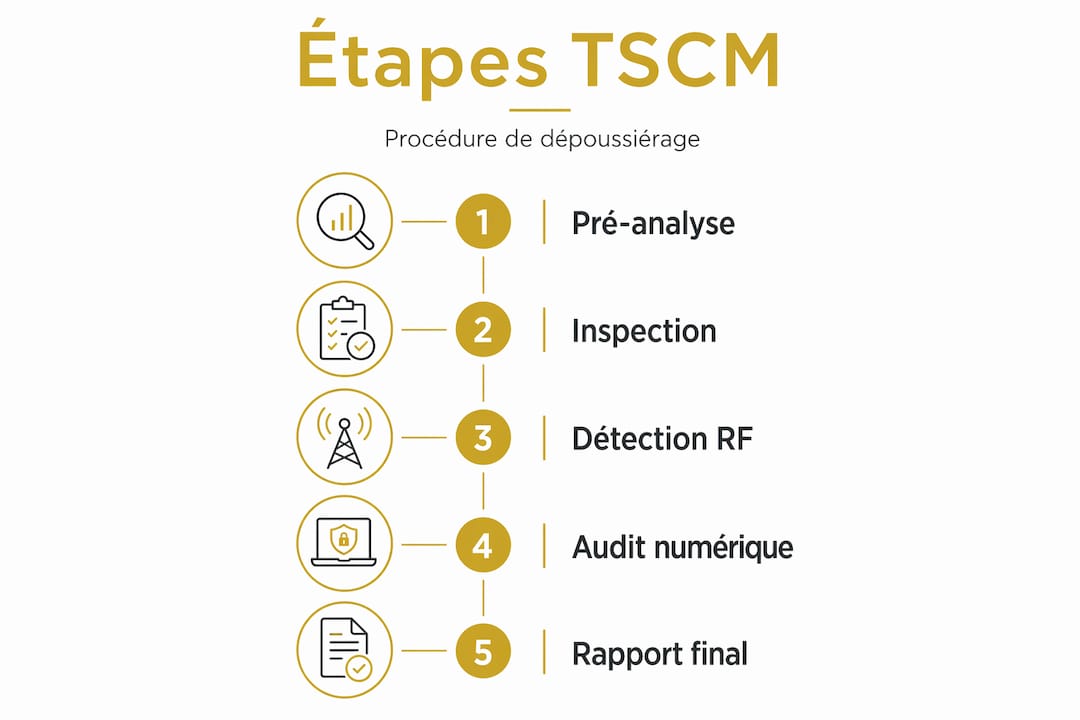 Infographie illustrant le déroulement d’une intervention TSCM, étape par étape