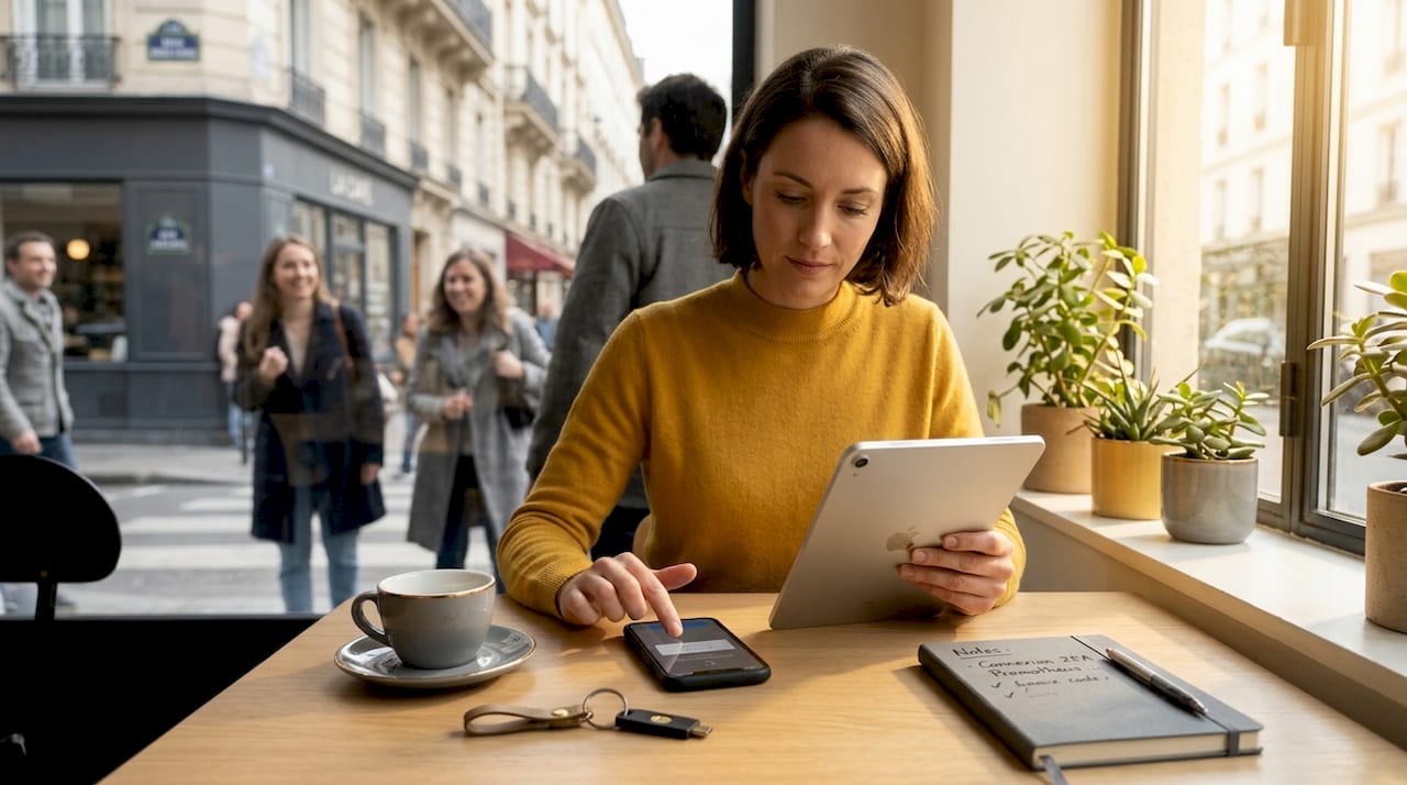Une femme configure la double authentification sur son ordinateur, confortablement installée chez elle.